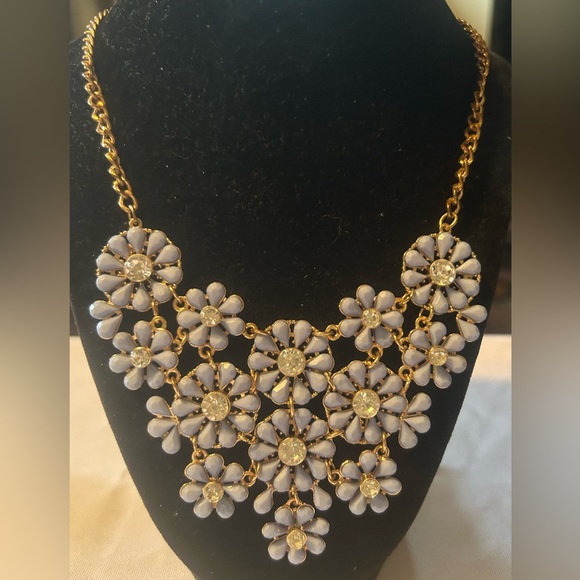 Charming Charlie Gold-Tone Light Blue Floral Bib Statement Necklace. - Picture 3 of 8